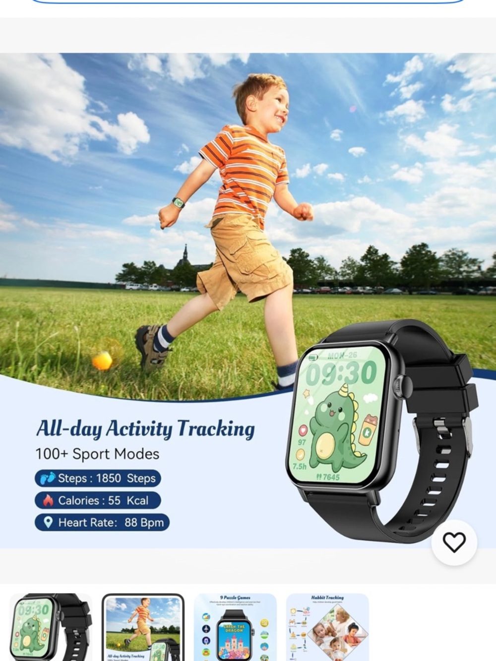 Kids Smartwatch with 9 Educational Puzzle Games & Activity Tracking Black